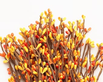 May include: A bunch of brown twigs with small orange and yellow berries. The berries are clustered together on the twigs, creating a festive autumnal look.