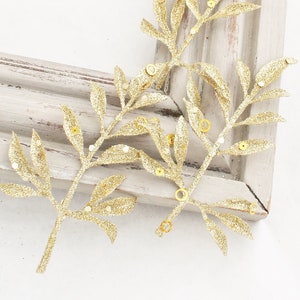 Glitter Gold Olive Leaf Sprays | Artificial Leaves for Wedding Crown Decor | Christmas Picks | Gold Greenery | Leaves for Crafts | OL114