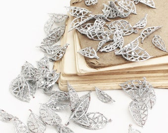 10 Glitter Silver Leaves | Silver Greenery | Wedding Crown Leaves | Millinery Leaves | Fake Rose Leaves | Silver Greenery | Blue Hutch R1011