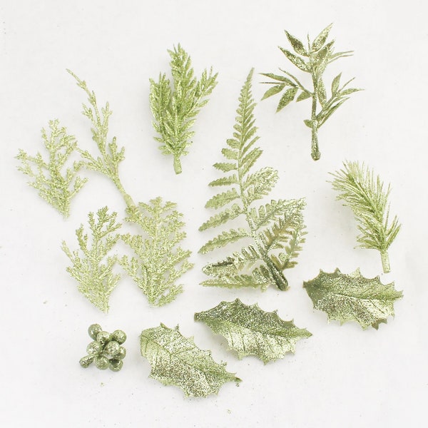 12 Glittered Greenery | Christmas Picks | Fern Holly Pine Berries | Christmas Greenery | Artificial Greenery | Artificial Leaves | GL3034