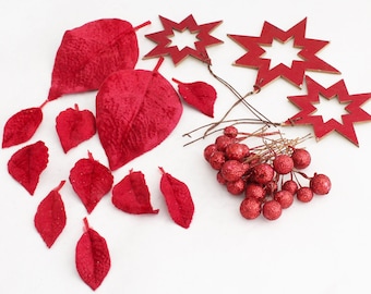 35 Red Christmas Picks | Vintage Poinsettia Leaves | Artificial Berries | Red/Gold Star Picks | DIY Christmas Decor | Blue Hutch FM235