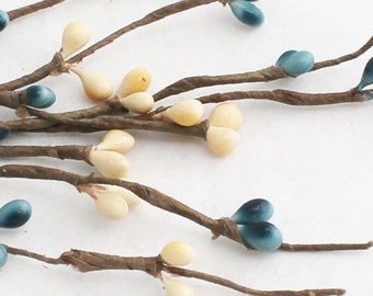 5 Single Blue & Beige Cream Pip Berry Picks | Floral Supplies | Artificial Berries for Crafts | Small Berries | Fake Berries for Crown PB395