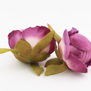 May include: Two artificial peony flower buds. The petals are a gradient of deep magenta to light pink. The buds have green sepals and stems, set against a white background. These faux flowers are suitable for crafts and decor.