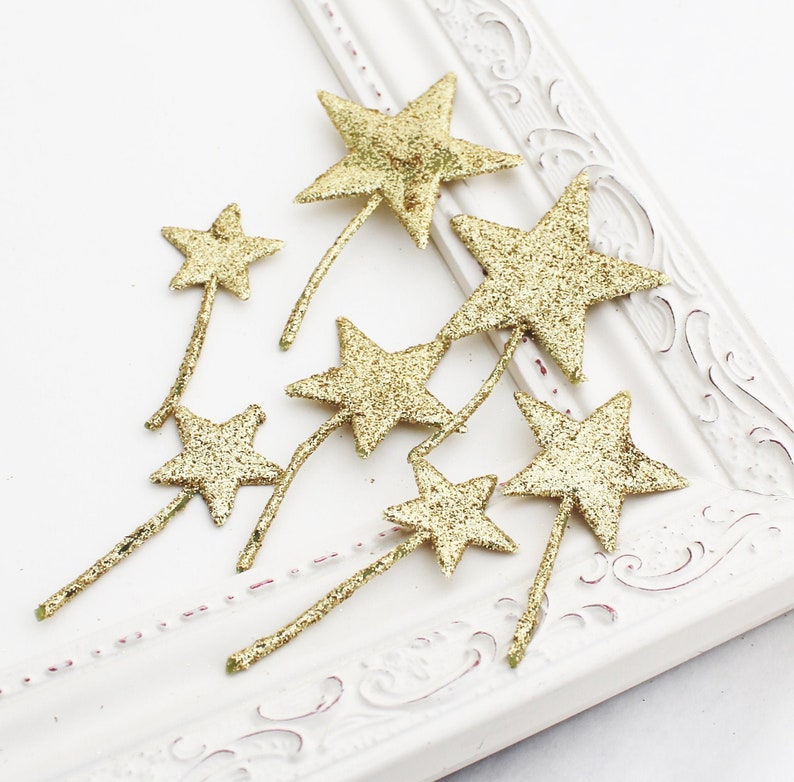 7 Glitter Gold Star Picks Wedding Decor Celestial Stars Etsy