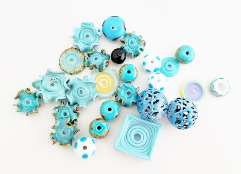 Destash Beads Torch Fired Enamel Lampwork Beads The Blue Hutch OB17 DIY Jewelry Kit 26 Turquoise Beads Orphan Beads