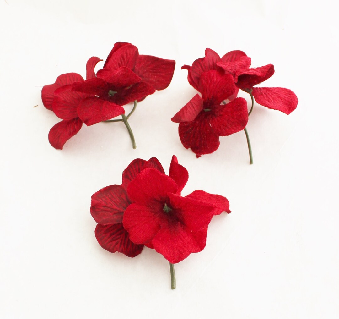 THREE Red Hydrangea Clusters Silk Hydrangea DIY Bouquet Filler Wedding