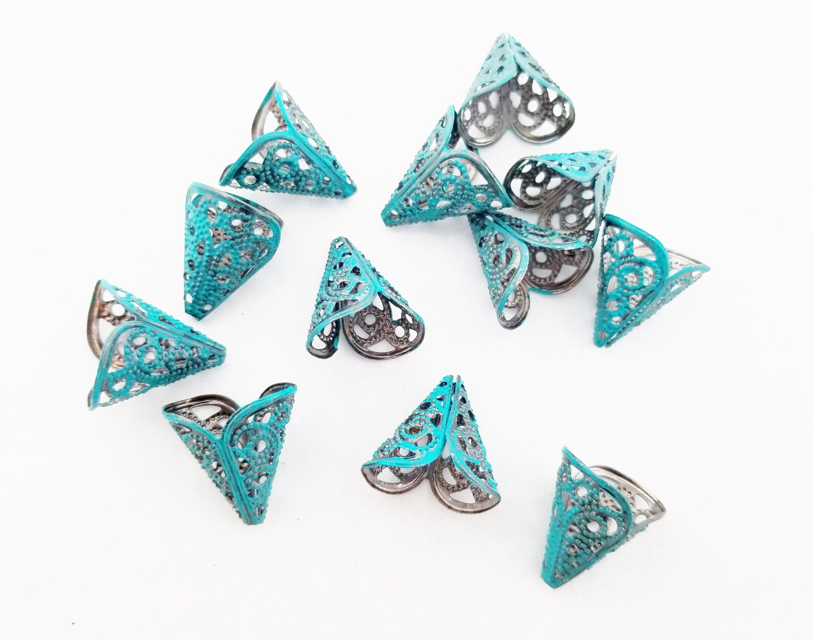 TWO Teal Bead Caps Filigree Bead Cones Colored Bead Caps Etsy