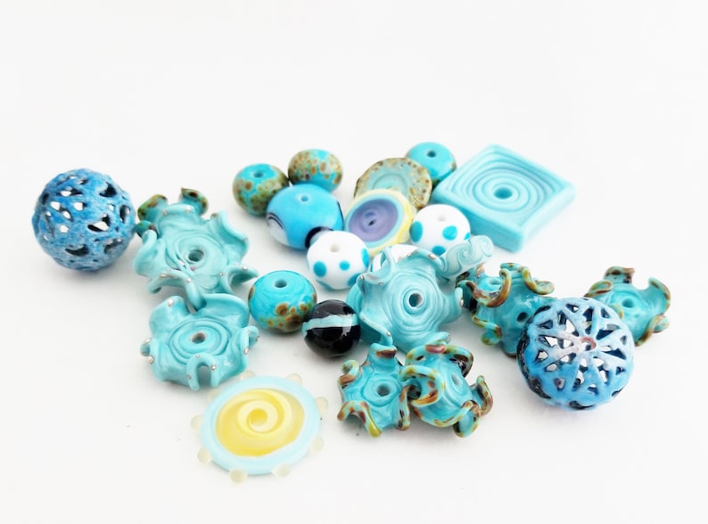 Destash Beads Torch Fired Enamel Lampwork Beads The Blue Hutch OB17 DIY Jewelry Kit 26 Turquoise Beads Orphan Beads