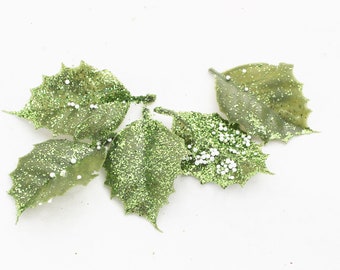 5 Vintage 80s Glitter Holly Leaves | Snowy Greenery | DIY Christmas | Millinery Leaves | Leaf Filler | Artificial Leaves | Blue Hutch HO316