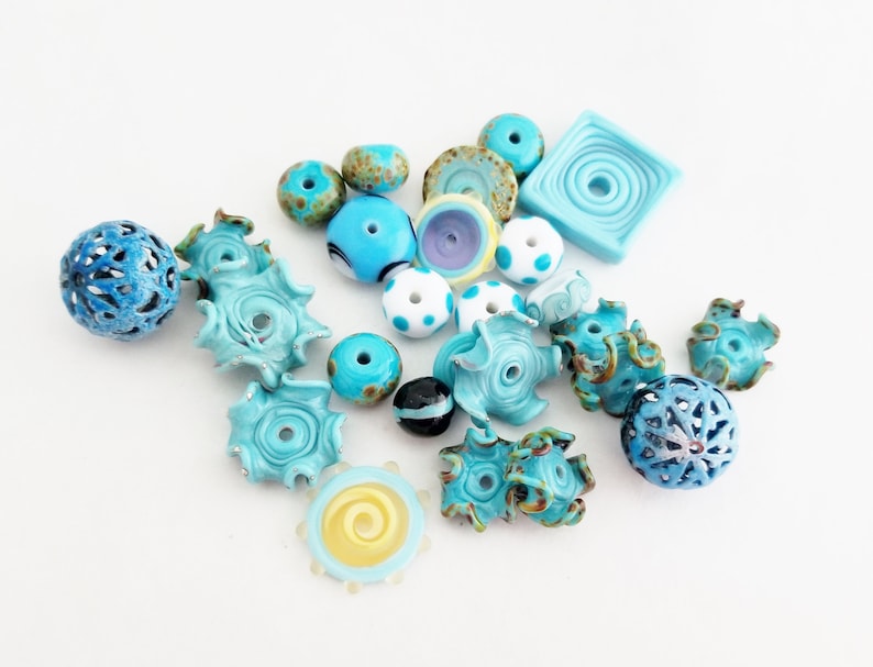 Destash Beads Torch Fired Enamel Lampwork Beads The Blue Hutch OB17 DIY Jewelry Kit 26 Turquoise Beads Orphan Beads