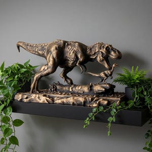 May include: A bronze-colored Tyrannosaurus rex sculpture standing over a smaller dinosaur figure on a textured base. The large dinosaur has an open mouth and detailed muscular features, while the smaller dinosaur stands on a fallen log.