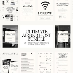 May include: A collection of black and white digital templates for an Airbnb host bundle, featuring various page layouts including welcome guides, house rules, local recommendations, health and safety information, and review requests with serif typography.