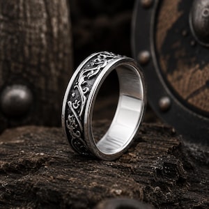 Viking Dragon Ring · Norse Knotwork Band · Oxidized Sterling Silver · Celtic Serpent · Men's Statement Ring · Gothic Fantasy Jewelry