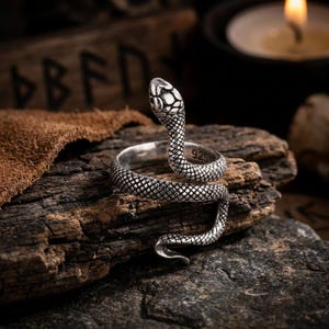 Puede incluir: Un anillo de plata con forma de serpiente enroscada con escamas detalladas y la cabeza levantada. La banda de metal presenta un sello 925 grabado en la superficie interior, lo que indica una composición de plata esterlina, con acabado oxidado.