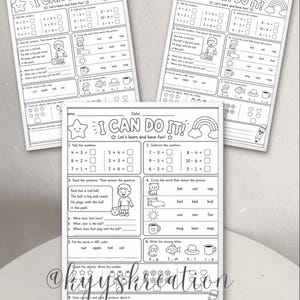 May include: Three identical black and white educational worksheets titled I CAN DO IT! featuring maths addition and subtraction problems, reading comprehension questions about Sam and his red ball, word identification tasks, and ABC ordering exercises.
