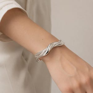 925 Sterling Silver Sculptural Wave Cuff Bracelet, Open Adjustable Statement Piece, Handmade Ocean Inspired Gift for Her