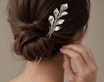 925 Sterling Silver Leaf Hair Fork, Botanical Two Prong Hair Pin, Bridal Bun Accessory, Nature Hair Stick, Gift for Her