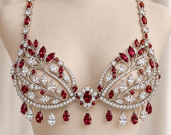 Ruby Red Jeweled Bra, 925 Sterling Silver Crystal Bralette, Red CZ Bridal Bustier, Luxury Body Jewelry, Couture Lingerie