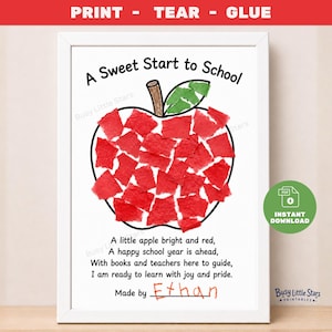 Pode incluir: Um projeto de artesanato imprimível emoldurado intitulado A Sweet Start to School com o contorno preto de uma maçã preenchido com pedaços de papel vermelho e uma folha verde. Abaixo, um poema de quatro linhas e uma linha para um nome, Ethan em laranja.