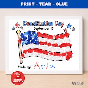 May include: A printable craft activity sheet titled Constitution Day September 17 featuring a flag outline filled with red, white, and blue torn paper pieces. The design includes a flagpole, stars, and a line for a name, with the text Made by: Aria.
