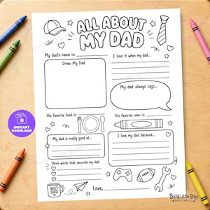 Op de afbeelding: Een zwart-wit printbaar activiteitenblad getiteld All About My Dad met invulsecties, een tekenvak en lijntekeningen waaronder een honkbalpet, stropdas, bord, kleurpotlood, gamecontroller, voetbal en een steeksleutel.