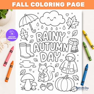 Fall Coloring Page Printable, Rainy Autumn Day Coloring Sheet for Kids, Autumn Activity, Cozy Rain Coloring Page, Instant Download PDF