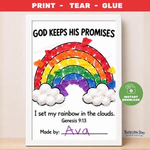 Puede incluir: Un proyecto de manualidades enmarcado con un arcoíris hecho de tiras de papel rasgado de colores y nubes de algodón blanco. El texto dice: GOD KEEPS HIS PROMISES, I set my rainbow in the clouds, Genesis 9:13, y Made by: Ava en tinta morada.