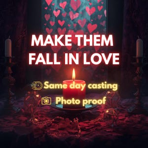 May include: A red candle sits on a dark surface with two tall candlesticks on either side. The text reads "MAKE THEM FALL IN LOVE", "Same day casting", and "Photo proof". The background features a dark window with red heart shapes.