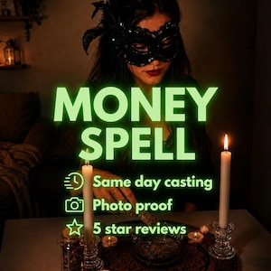 May include: A person wearing a black lace mask with feathers, positioned behind a table with two tall white candles in glass holders, four small tea lights, and a dark circular mat. Text reads: MONEY SPELL, Same day casting, Photo proof, 5 star reviews.