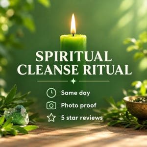 May include: A green pillar candle with a lit flame, featuring the text SPIRITUAL CLEANSE RITUAL. Below the text are icons for a clock, camera, and star, accompanied by the phrases Same day, Photo proof, and 5 star reviews.