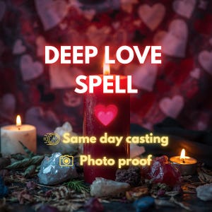 May include: A large dark red pillar candle with a lit wick, featuring a pink heart graphic and the white text DEEP LOVE SPELL. Below, yellow text reads Same day casting and Photo proof with clock and camera icons, surrounded by crystals.