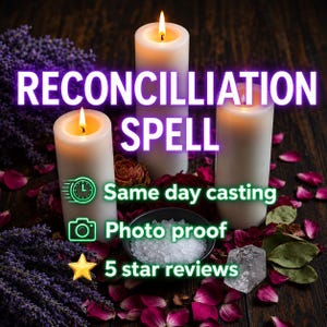 May include: Three white pillar candles with lit flames, surrounded by purple lavender, red rose petals, and a small bowl of white salt crystals. Text reads: RECONCILLIATION SPELL, Same day casting, Photo proof, 5 star reviews.
