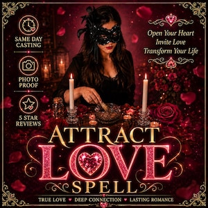 May include: A person wearing a black lace mask sits at a table with two white candles and red rose petals. The text reads: ATTRACT LOVE SPELL, Open Your Heart Invite Love Transform Your Life, SAME DAY CASTING, PHOTO PROOF, 5 STAR REVIEWS, TRUE LOVE DEEP CONNECTION LASTING ROMANCE.