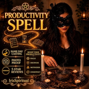 Può includere: Una grafica digitale intitolata PRODUCTIVITY SPELL che mostra una persona con una maschera in pizzo nero. Il testo include SAME DAY CASTING, PHOTO PROOF, 5 STAR REVIEWS e BOOST YOUR PRODUCTIVITY con icone per focus, disciplina, motivazione e costanza.