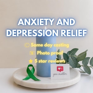 May include: A light blue pillar candle sits on a white circular tray next to a green awareness ribbon and a small white card with a pink heart icon and the text you matter. The image features the text ANXIETY AND DEPRESSION RELIEF.