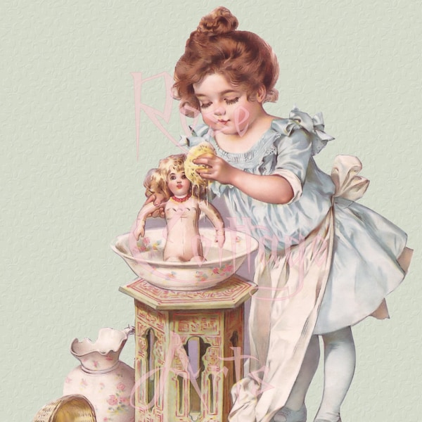 Printable Digital Download Maud Humphrey Bogart's "Dolly's Bath" Antique Die Cut Edwardian Scrap Graphic Image now in PNG!