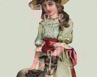 Digital Download "Girl With Hound Dog" Antique Die Cut Edwardian Scrap Graphic Image now in PNG!