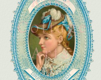 Printable Digital Download 'Lady in Aquamarine' Antique Die Cut Victorian Scrap Graphic Image