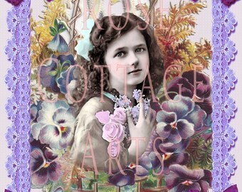 Original Printable Digital Ephemera Collage Download Antique "Girl in"Pansies" Edwardian Victorian Collage Scrap Graphic Image