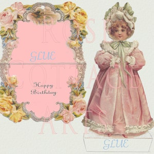 Printable Digital Download Antique Die Cut Standup Little Girl Happy Birthday Card Victorian Scrap Graphic Image