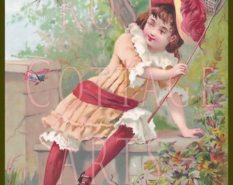 Printable Digital Download Antique Girl Butterfly Catcher Victorian Scrap Graphic Image