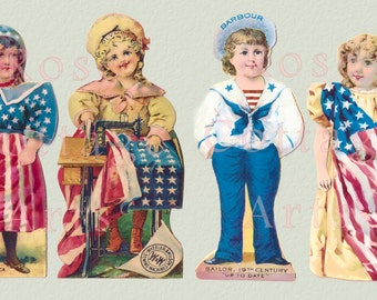 Printable Digital Download  Die Cut Patriotic Fourth of July, American Flag Antique Paper Dolls Graphic Image