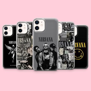 May include: A collection of five clear smartphone cases featuring various Nirvana band graphics, including the In Utero angel, a band portrait, a collage of black and white photographs, and the iconic yellow smiley face logo on a black background.