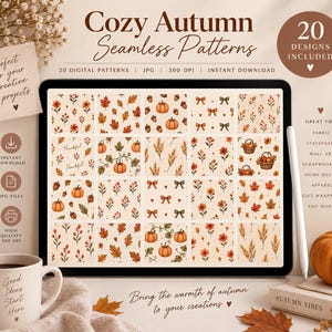 Peut inclure: Un écran de tablette numérique affichant une grille de 20 motifs automnaux sans couture avec des citrouilles, des feuilles d'automne, du blé et des fleurs. Le texte à l'écran indique Cozy Autumn Seamless Patterns et 20 Designs Included.