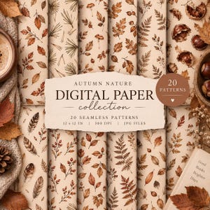 Può includere: Una collezione di carta digitale con 20 motivi senza cuciture che presentano elementi naturali autunnali come foglie, aghi di pino, funghi, felci e castagne su sfondo beige chiaro. Il testo recita Autumn Nature Digital Paper Collection.