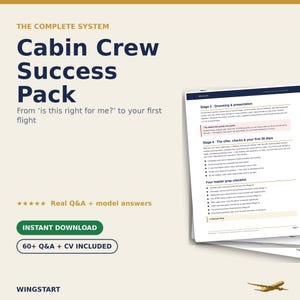 Op de afbeelding: Een digitale gids getiteld The Complete System Cabin Crew Success Pack met de ondertitel From is this right for me to your first flight. Het document bevat pagina's over Stage 5 Grooming and presentation en Stage 6 The offer, checks and your first 30 days, plus een checklist. Het bevat vijf sterren, een knop voor directe download en een label met 60 plus Q and A and CV included.