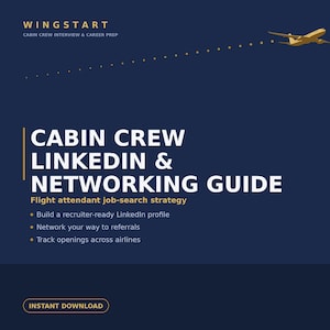 May include: A dark blue digital guide titled WINGSTART CABIN CREW INTERVIEW & CAREER PREP, CABIN CREW LINKEDIN & NETWORKING GUIDE, and Flight attendant job-search strategy. It lists three bullet points and includes an airplane graphic with a dotted trail.