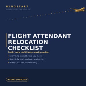 Könnte beinhalten: Ein dunkelblaues digitales Dokument mit dem Titel Flight Attendant Relocation Checklist, Cabin crew multi-base moving guide. Es zeigt eine goldene Flugzeuggrafik mit einer gepunkteten Flugbahn, Umzugstipps und einen Button für den sofortigen Download.