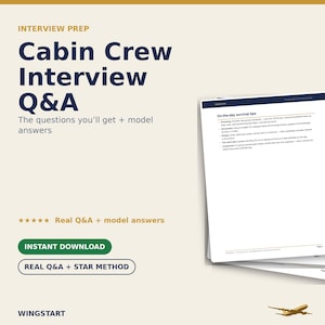 Op de afbeelding: Een digitaal document getiteld Cabin Crew Interview Q&A met de ondertitel The questions you'll get + model answers. Het bevat een stapel witte pagina's met tekst waaronder On-the-day survival tips, groene knoppen en een klein vliegtuigicoon.