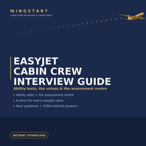Op de afbeelding: Een donkerblauwe digitale gids getiteld WINGSTART CABIN CREW INTERVIEW & CAREER PREP en EASYJET CABIN CREW INTERVIEW GUIDE. Het bevat een gele vliegtuigafbeelding met een stippellijn als vliegroute, opsommingstekens met inhoud en een INSTANT DOWNLOAD-knop.